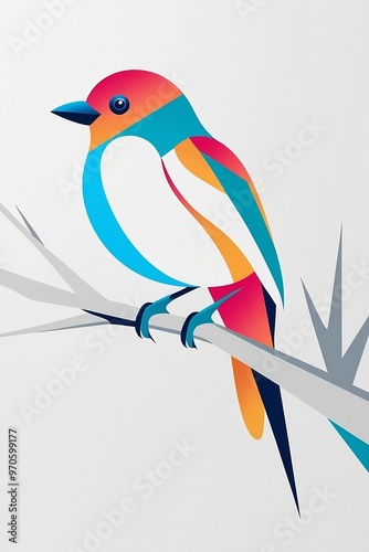 A sleek vector art of a bird perched on a simple branch, featuring bold geometric shapes, smooth curves, and bright colors with subtle gradients. The minimalist design ensures in white background