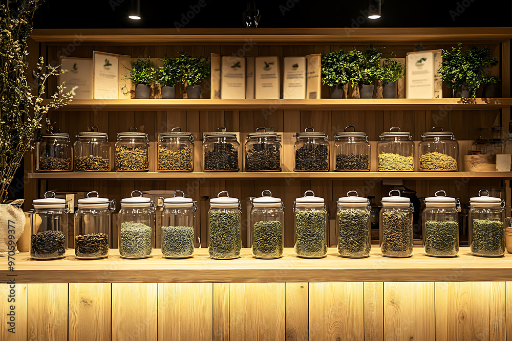 Modern tea shop counter with jars of tea dry leaves