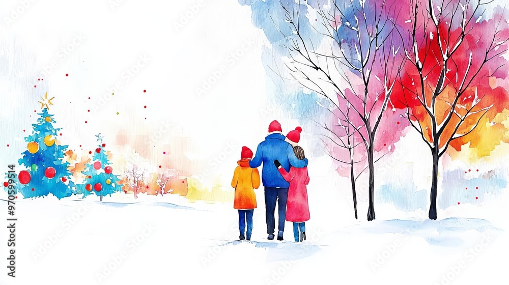 Winter reunion, family hugging in the snow, Christmas decorations in the background, Watercolor style Winter reunion, family hugging in the snow, Christmas decorations in the background, Watercolor style