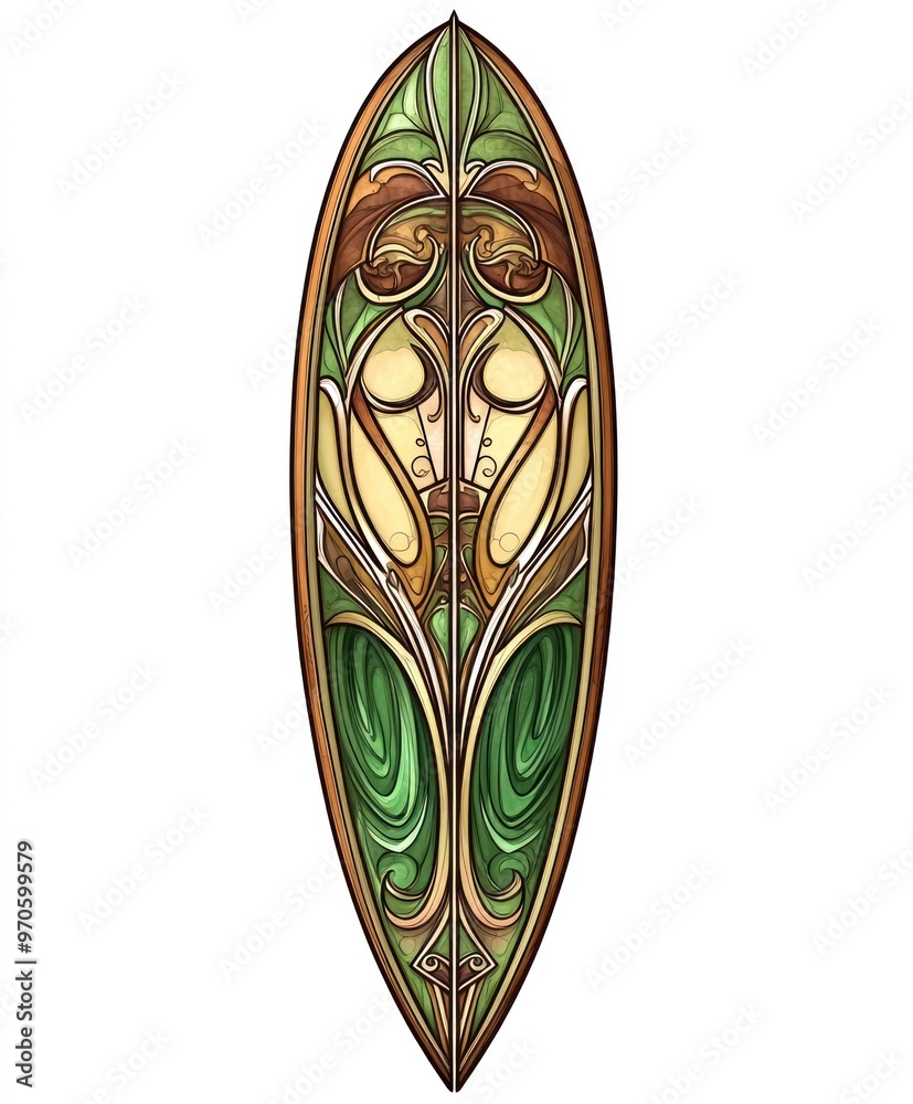 An art deco design of a surfboard with green, brown, and gold colors, and a pattern of stylized leaves and flowers. An art deco design of a surfboard with green, brown, and gold colors, and a pattern of stylized leaves and flowers.
