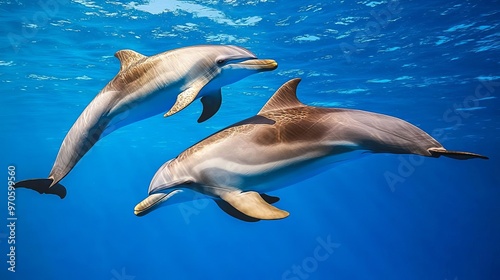 Two dolphins swim gracefully through crystal clear blue water, showcasing their playful nature in a serene underwater environment.