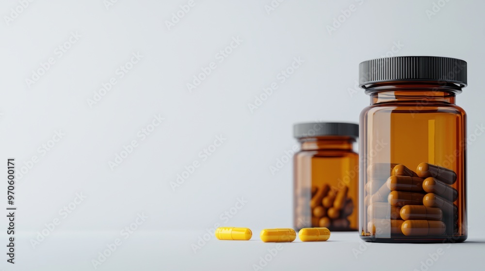 An Arrangement of Assorted Medication and Vitamin Bottles and Capsules An Arrangement of Assorted Medication and Vitamin Bottles and Capsules