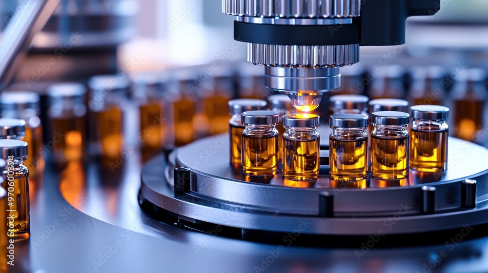 Close up View of Scientific Laboratory Equipment with Amber Colored Test Tubes Close up View of Scientific Laboratory Equipment with Amber Colored Test Tubes