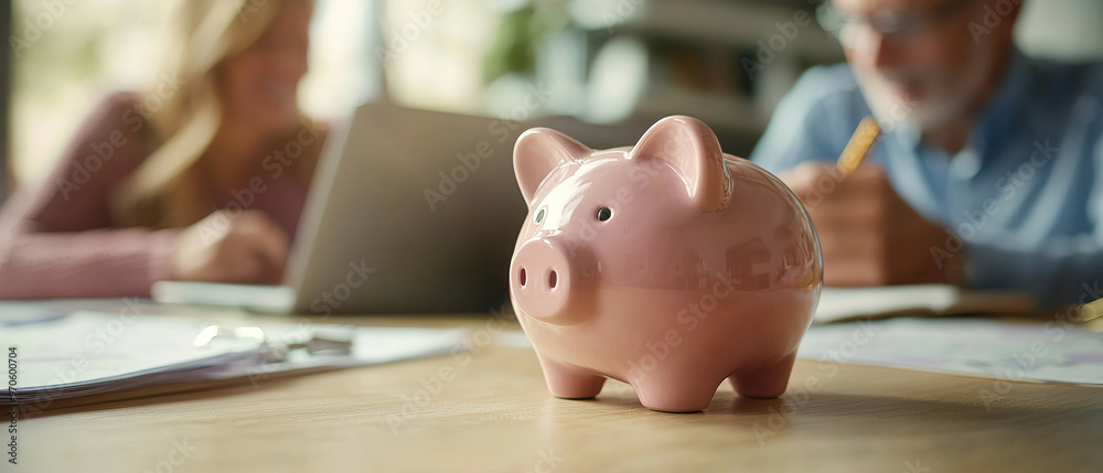 Close up focus on small piggybank on table with blurred middle aged old family couple doing financial paperwork, managing household budget or planning investment on background,