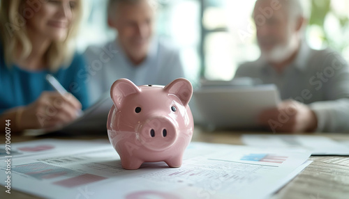 Close up focus on small piggybank on table with blurred middle aged old family couple doing financial paperwork, managing household budget or planning investment on background,