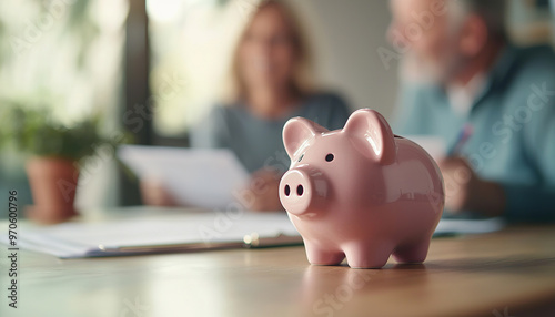 Close up focus on small piggybank on table with blurred middle aged old family couple doing financial paperwork, managing household budget or planning investment on background,