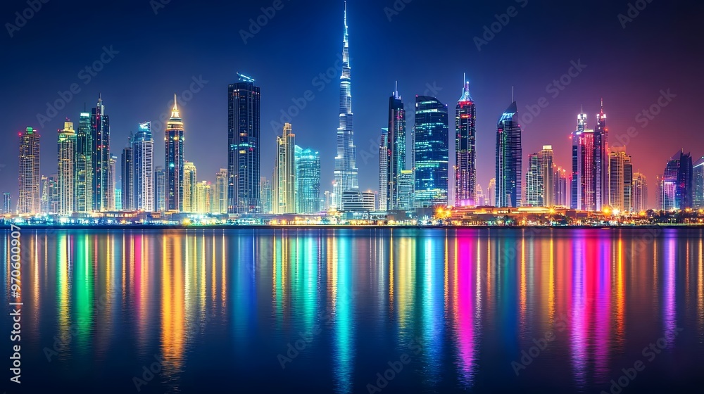 Illuminated Skyscrapers Reflected in Water at Night Illuminated Skyscrapers Reflected in Water at Night