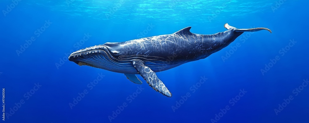 Fototapeta premium A majestic whale gliding through crystal-clear blue waters, showcasing its beauty and grace in the underwater world.