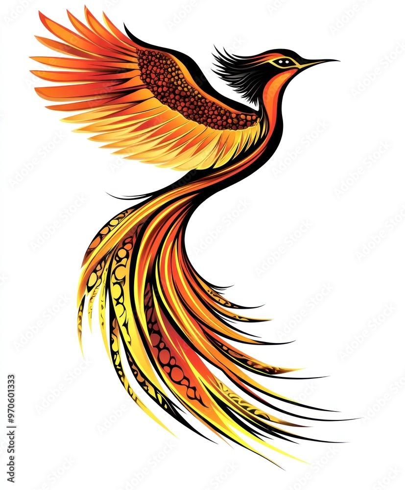 Obraz premium A fiery phoenix with outstretched wings, soaring against a white background.