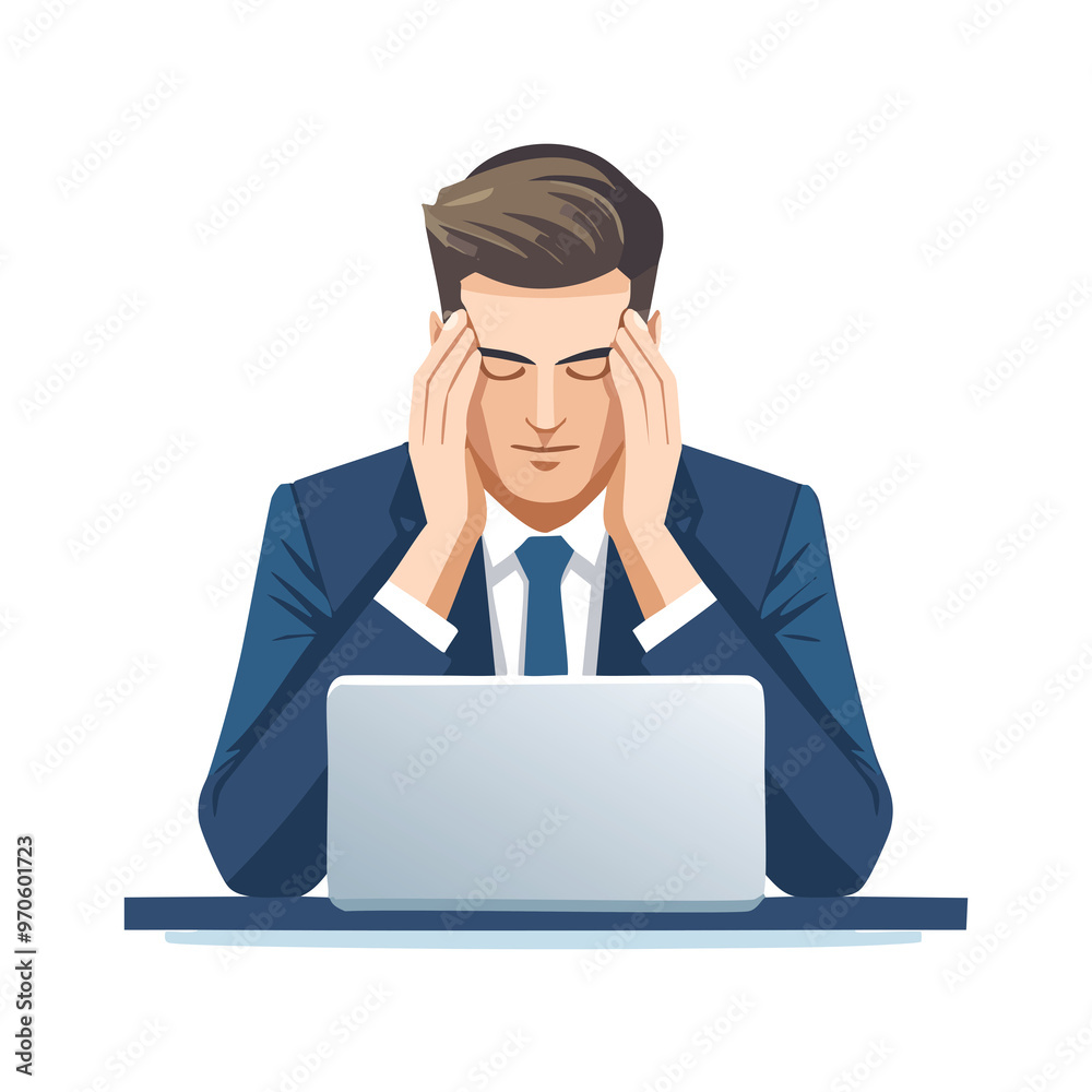 A worried businessperson sitting at a desk, surrounded by papers and a computer, with a troubled look. Simple lines and solid color blocks. A worried businessperson sitting at a desk, surrounded by papers and a computer, with a troubled look. Simple lines and solid color blocks.