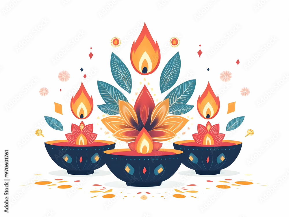 Flat Vector Illustration of Diwali Lantern with Glowing Floating Rangoli Elements on White Background - Festive Design Concept