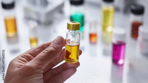 Scientist Hand Holding Glass Vial with Colorful Liquid in Laboratory Setting