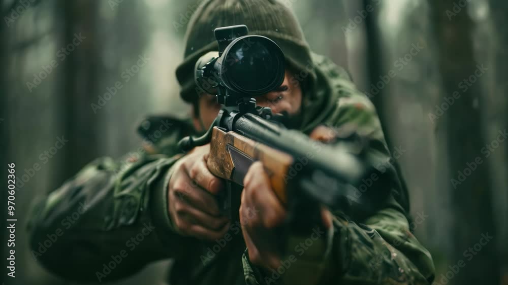 A hunter aims a scoped rifle in a snowy forest setting, A shooter holding a rifle with a mounted scope A hunter aims a scoped rifle in a snowy forest setting, A shooter holding a rifle with a mounted scope