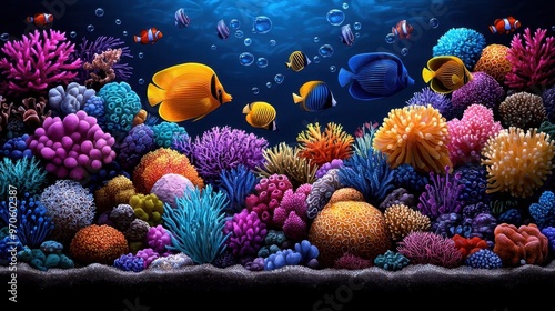 Fototapeta Naklejka Na Ścianę i Meble -  Vibrant watercolor painting of a vast and colorful coral reef with exotic fish, intricate sea anemones, and a sense of vibrant underwater life