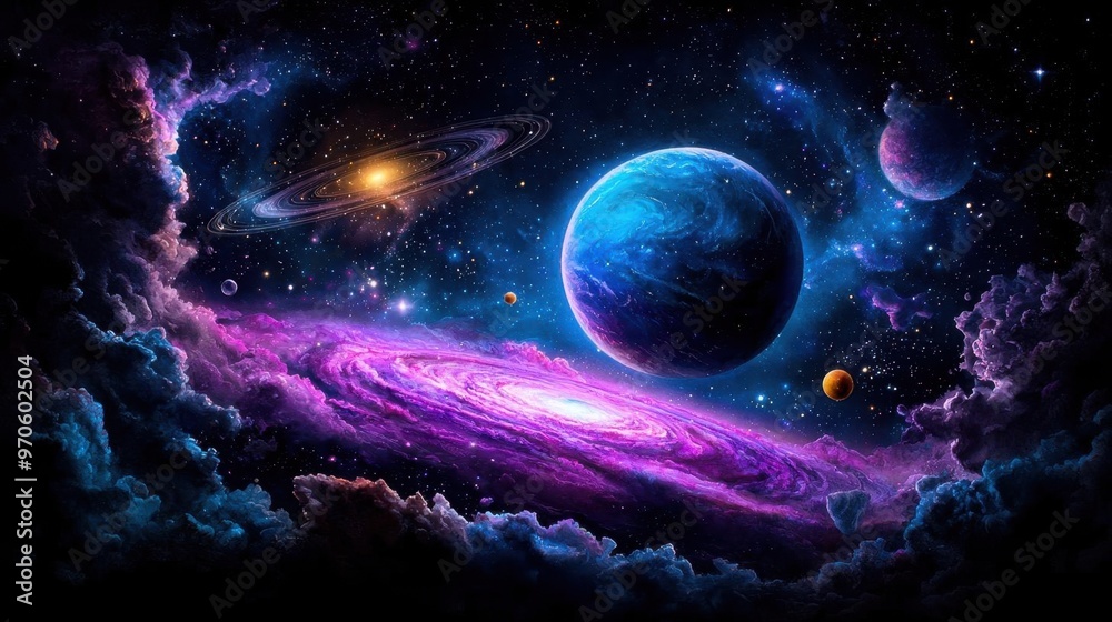 Obraz premium Vibrant watercolor painting of a vast cosmos with swirling galaxies, shooting stars, and cosmic wonders
