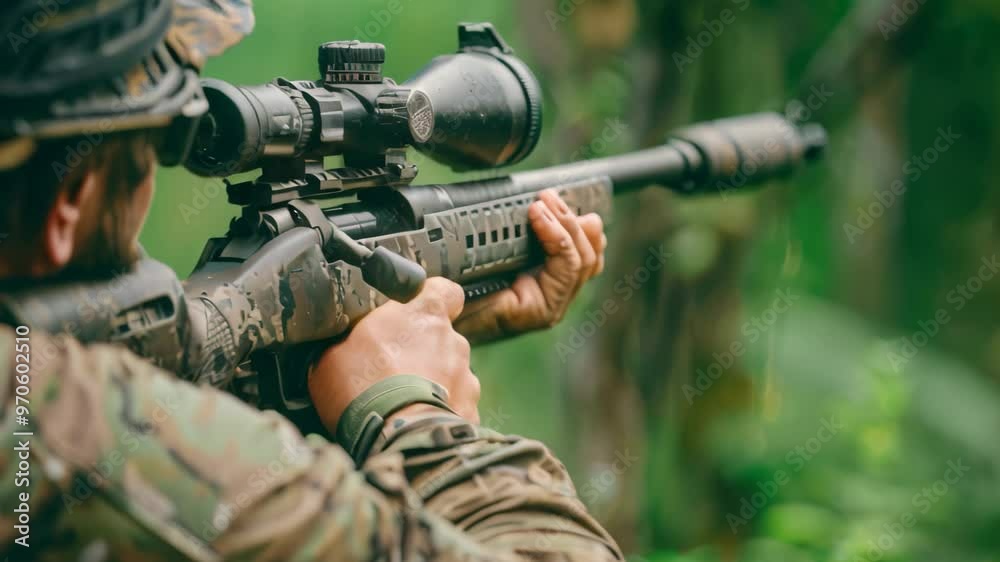 A hunter in camouflage clothing aims a rifle with a mounted scope in a forest setting, A shooter holding a rifle with a mounted scope