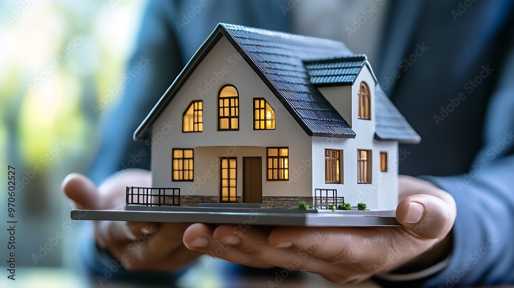 A person holding a model house with lights on in their hands. A person holding a model house with lights on in their hands.