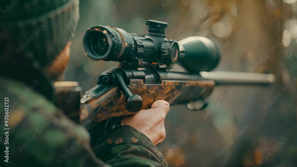 Shooting A Scope Rifle A hunter aims a scoped rifle in a woodland setting, A shooter holding a ...