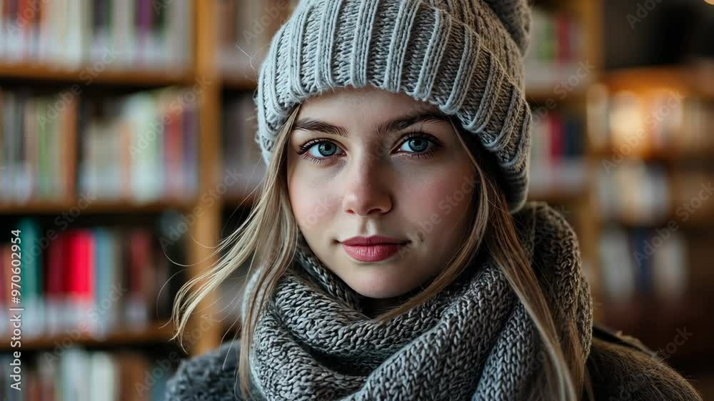 Young woman in cozy winter attire glances thoughtfully at the camera amidst a warm library setting