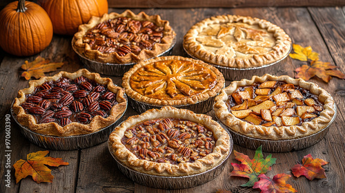 collection of autumn pies, including pumpkin, pecan, and apple, arranged on a rustic wooden table with decorative pastry leaves