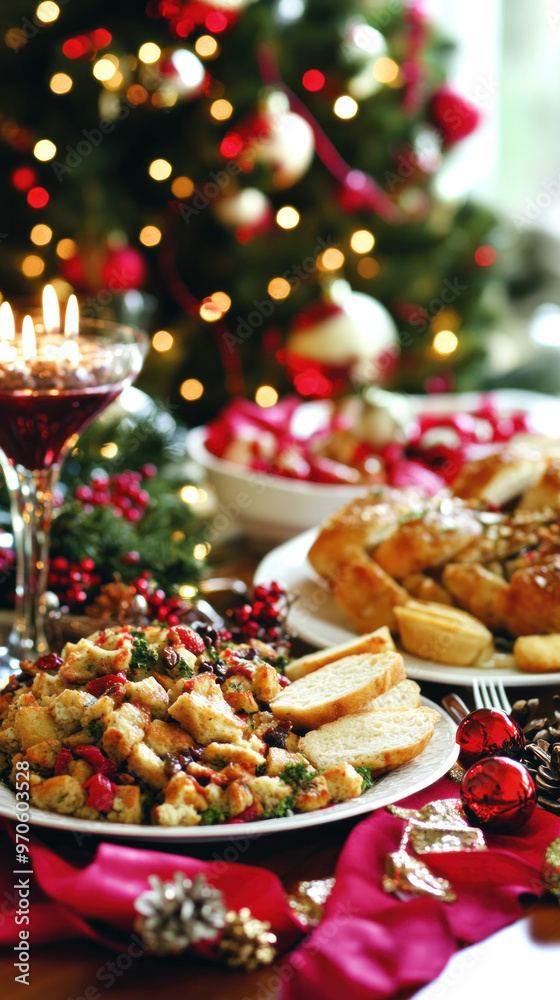 A table with a Christmas tree in the background and a variety of food and drinks. The table is set for a festive meal A table with a Christmas tree in the background and a variety of food and drinks. The table is set for a festive meal
