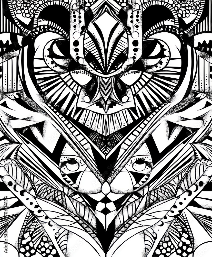 Fototapeta premium Abstract black and white symmetrical pattern with geometric shapes and intricate details.