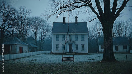 22 An empty swing moving in the breeze at dusk, loneliness, reminder of past joys photo