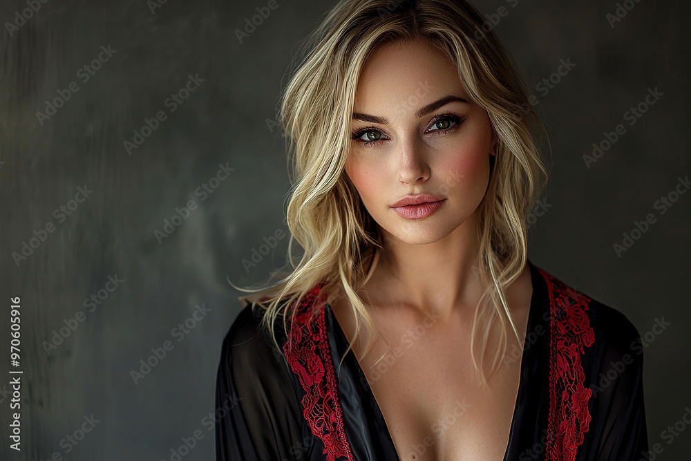 a  beautiful blonde woman in a black satin robe with red lace trim against a plain background 