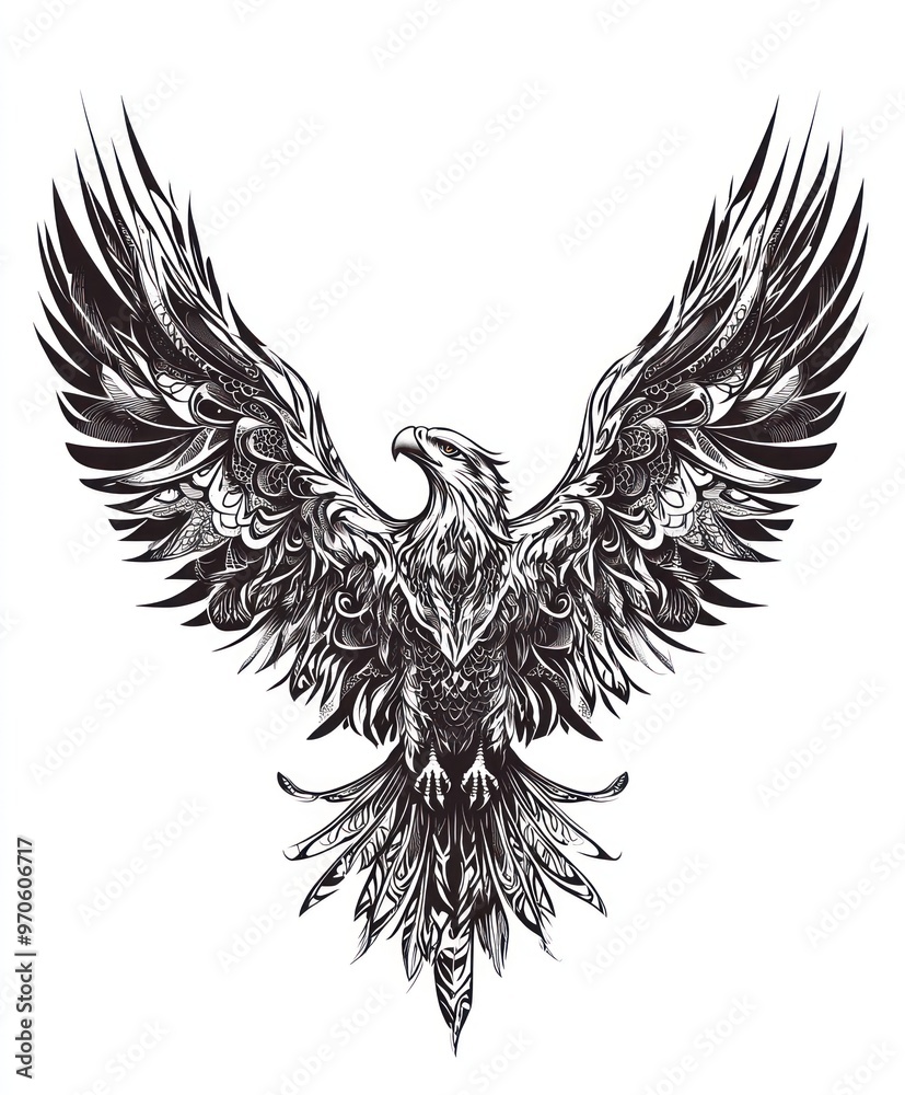 Obraz premium Detailed, stylized illustration of a soaring eagle with intricate feathers and a powerful presence.