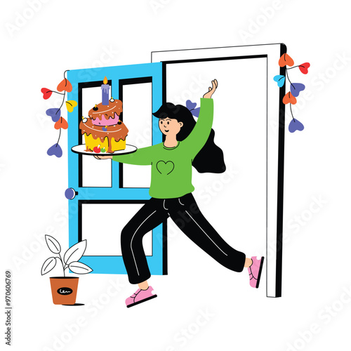 Birthday cake delivery character vector illustration in modern style