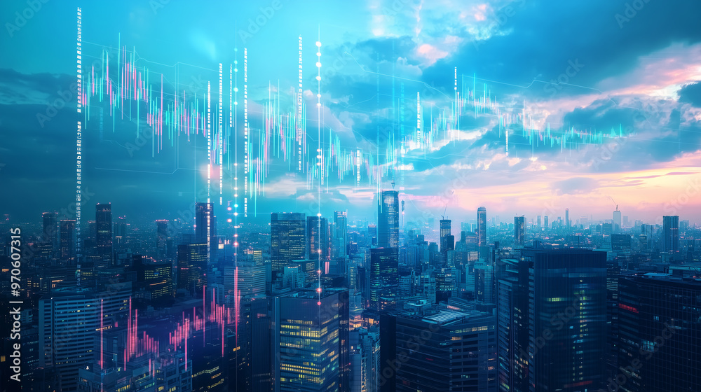 Fototapeta premium A futuristic city where stock market data is projected onto the sky, blending with the clouds