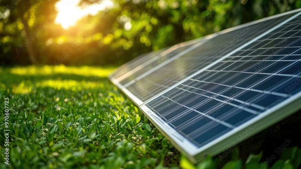 Fototapeta premium Close-up of solar panels in a green field, representing eco-friendly energy sources. Copy space available.