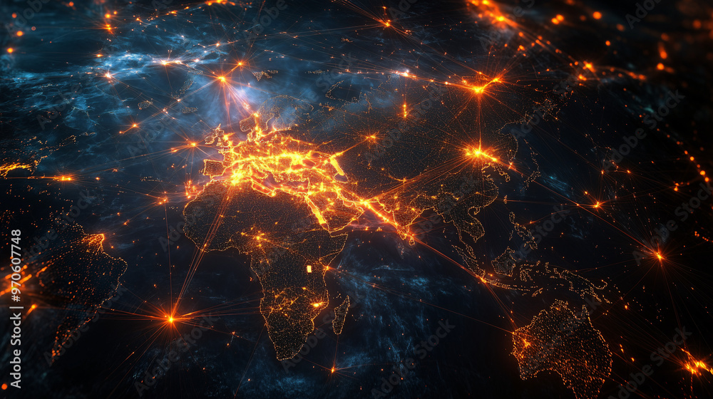 A global stock market network visualized as a glowing web connecting cities around the world A global stock market network visualized as a glowing web connecting cities around the world