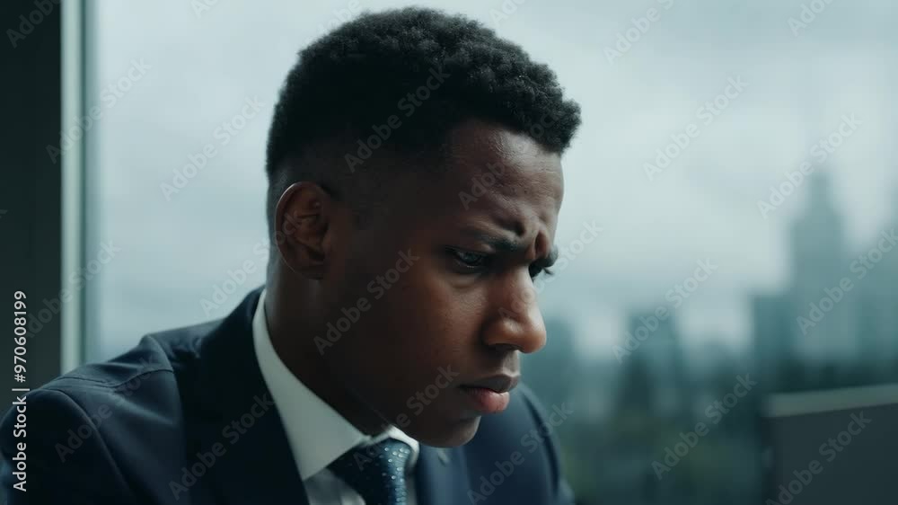 Pensive businessman in office with city skyline in background Pensive businessman in office with city skyline in background