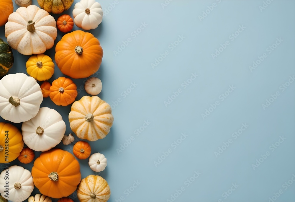 Assorted pumpkins and gourds in various shapes, sizes, and colors including orange, yellow, and white, arranged on a light blue background. Assorted pumpkins and gourds in various shapes, sizes, and colors including orange, yellow, and white, arranged on a light blue background.