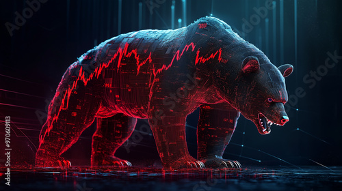 A bearish stock market portrayed as a ferocious bear made of descending stock lines and red arrows photo