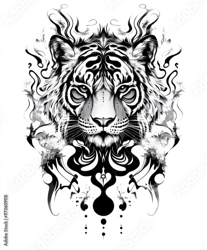 A black and white illustration of a tiger's face with a swirling pattern behind it.