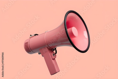 Pink megaphone with large circular mouthpiece on plain white background, side profile view