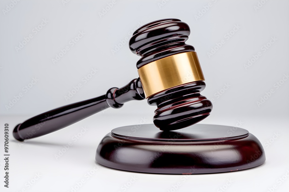 Golden gavel on circular base, raised mallet on white background, symbolizing legal proceedings Golden gavel on circular base, raised mallet on white background, symbolizing legal proceedings