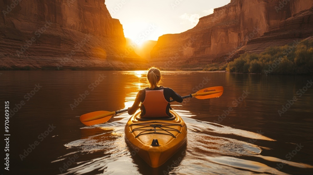 A woman kayaks through the scenic waters of the Colorado River in Glen Canyon, Arizona. The sunrise casts a golden hue over the surrounding mountains, creating a breathtaking natural landscape. A woman kayaks through the scenic waters of the Colorado River in Glen Canyon, Arizona. The sunrise casts a golden hue over the surrounding mountains, creating a breathtaking natural landscape.