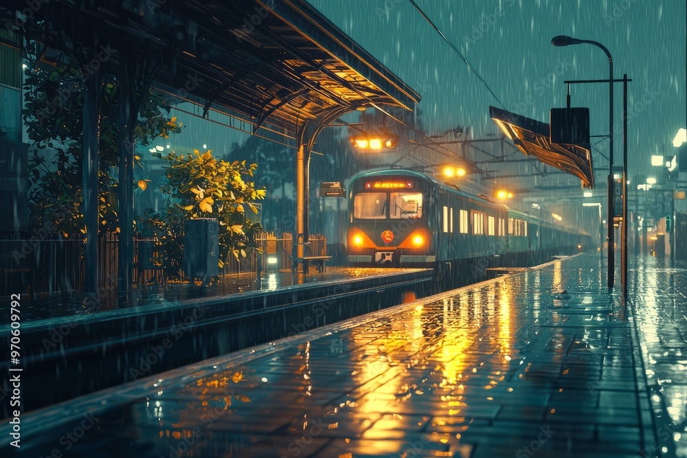 Fototapeta premium A Serene Rainy Train Station With Soft Lighting And Cozy Reflections On Puddles And Wet Surfaces. Cozy Vibe, Generative AI