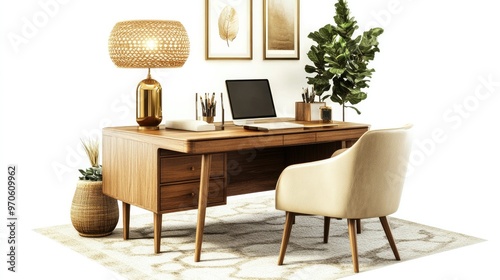 A 3D rendered study room scene with a wooden desk, plush chair, warm lighting, and an included floor plan, isolated on a white backdrop