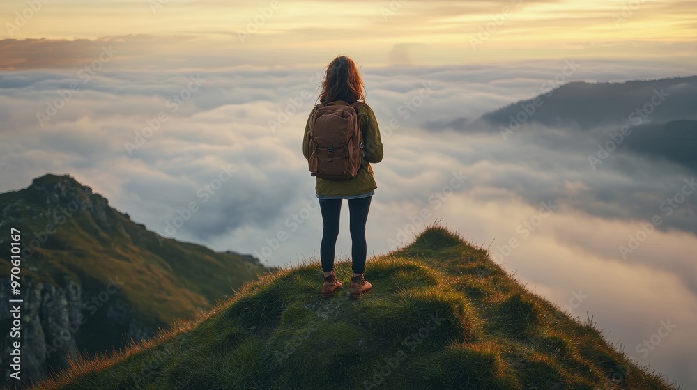 Obraz premium A young woman with a backpack stands atop a grassy mountain peak, looking out over a valley enveloped in fog. The sky glows orange with the sunset, and the surrounding hills are cloaked in mist.