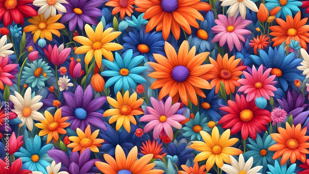 A vibrant and colorful seamless pattern of various flowers in a garden, perfect for textile and digital printing. A vibrant and colorful seamless pattern of various flowers in a garden, perfect for textile and digital printing.