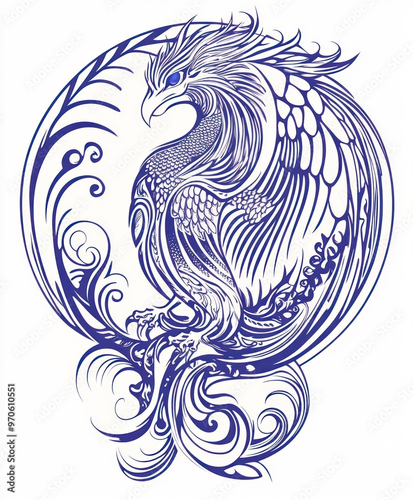 A detailed line art illustration of a phoenix with blue eyes in a circular frame of stylized, organic shapes. A detailed line art illustration of a phoenix with blue eyes in a circular frame of stylized, organic shapes.