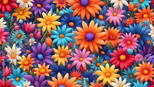 A vibrant and colorful seamless pattern of various flowers in a garden, perfect for textile and digital printing.