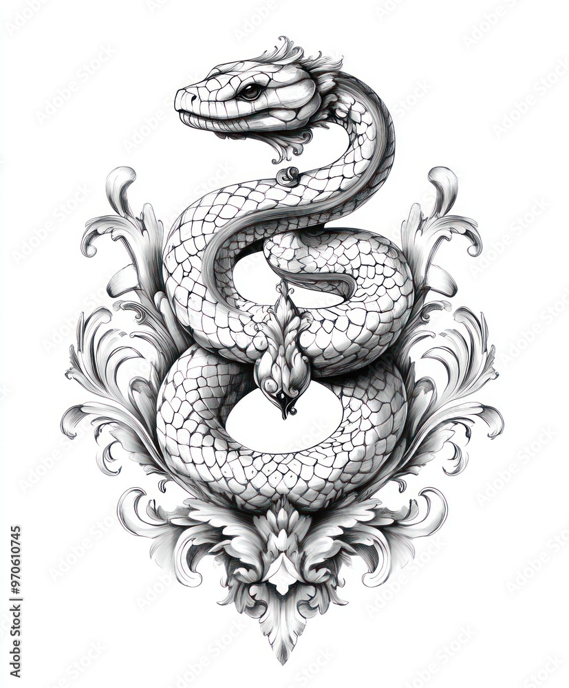 A detailed black and white illustration of a coiled snake with a diamond and ornate floral design in the background. A detailed black and white illustration of a coiled snake with a diamond and ornate floral design in the background.