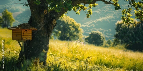 A beehive hanging from a tree in an apiary nestled in the mountains Homes for bees sitting on lush green grass A private venture dedicated to beekeeping and producing healthy honey products