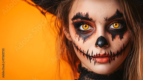 A close-up shot of a woman with a scary Halloween makeup. Her eyes are bright yellow, her face is painted black, and her lips are red.