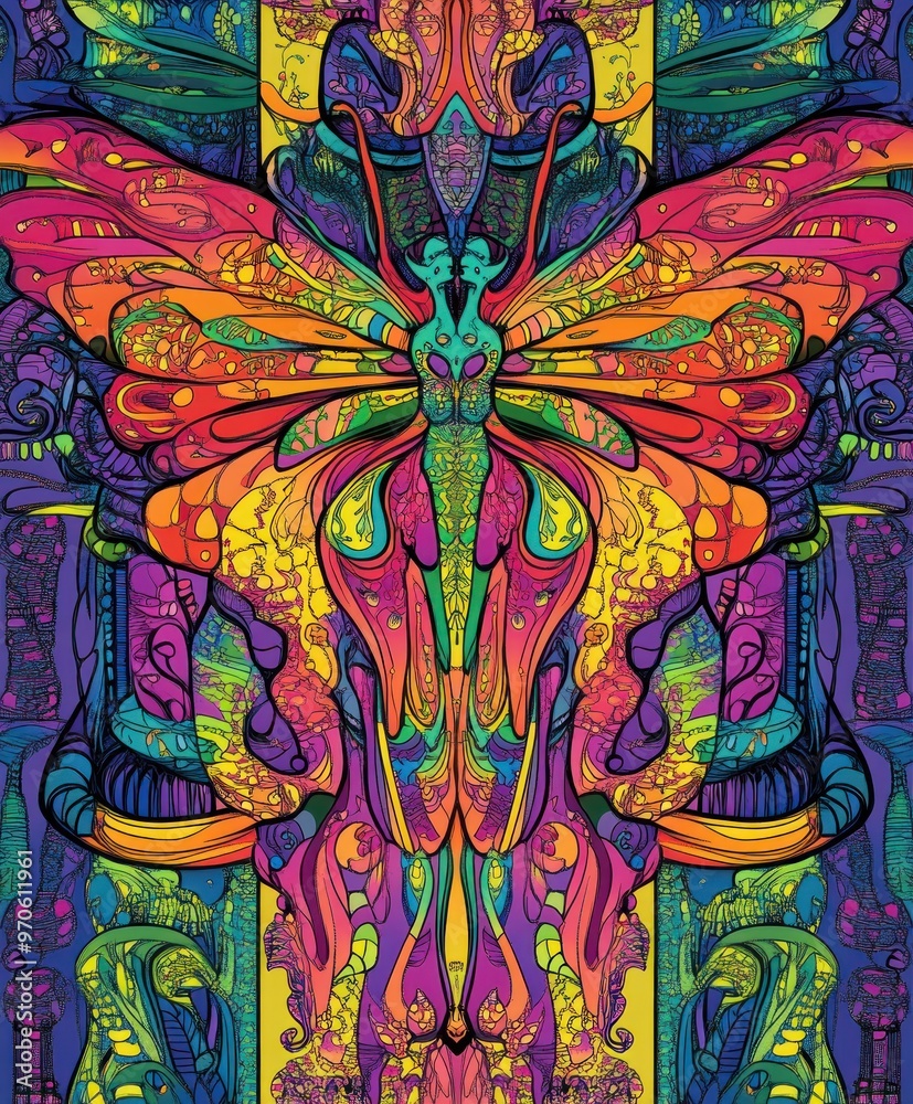Psychedelic butterfly with colorful intricate patterns. Psychedelic butterfly with colorful intricate patterns.